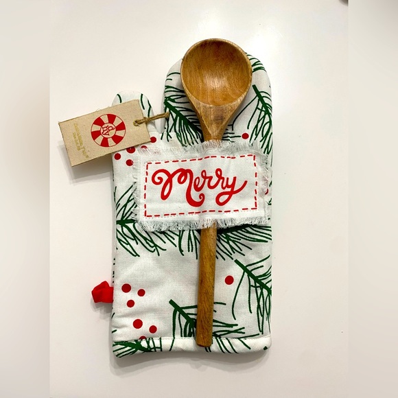 Holly Jolly Days Other - Merry Christmas Green Pine Red Berry Festive Holiday Oven Mitt Wooden Spoon Set